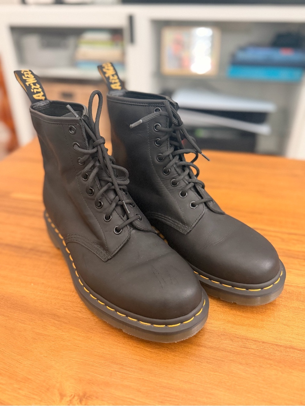 Dr. Martens Black Leather Lace-Up Combat Boots with Yellow Stitching